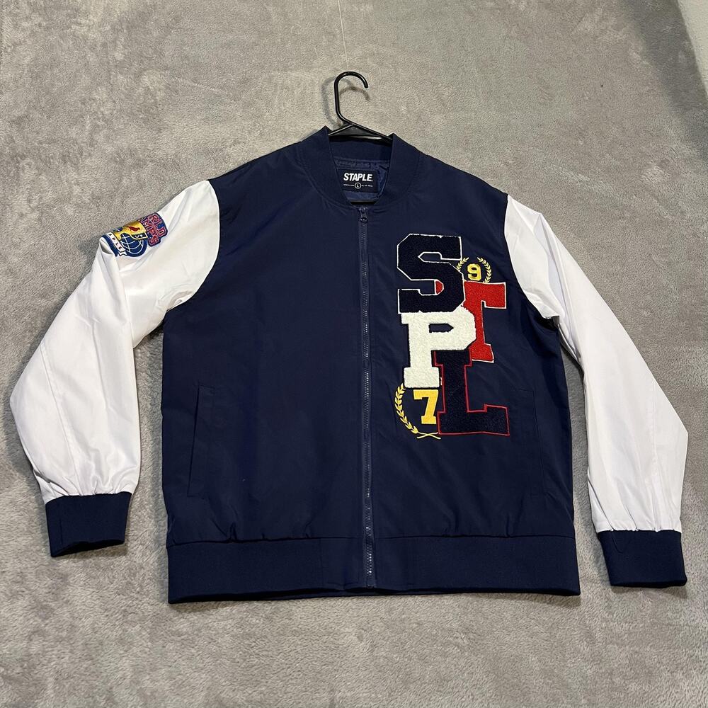 Staple Jacket Mens Large Blue White Varsity Bomber World Champs Patch Zip